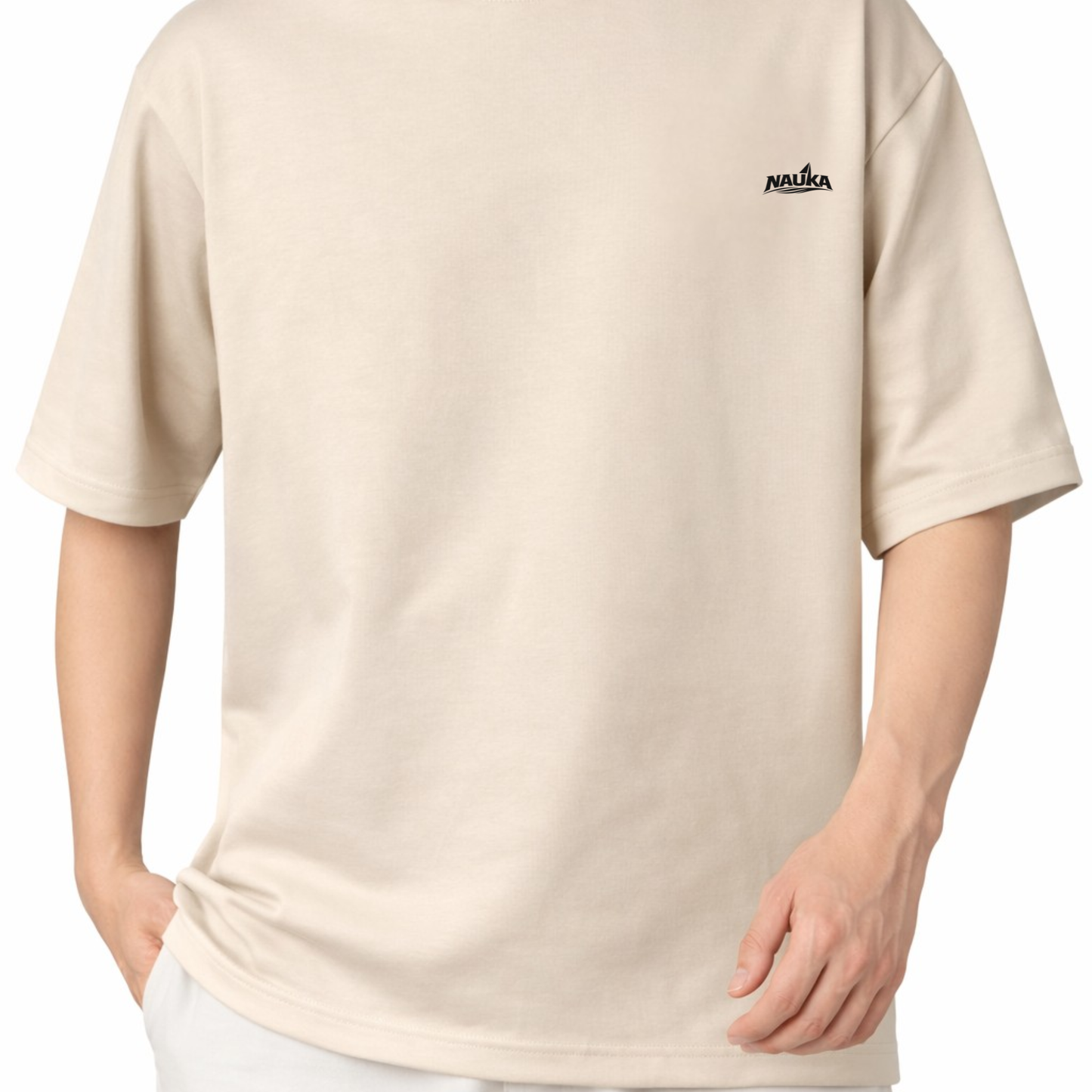 Beige t-shirt with a brand logo on a white background